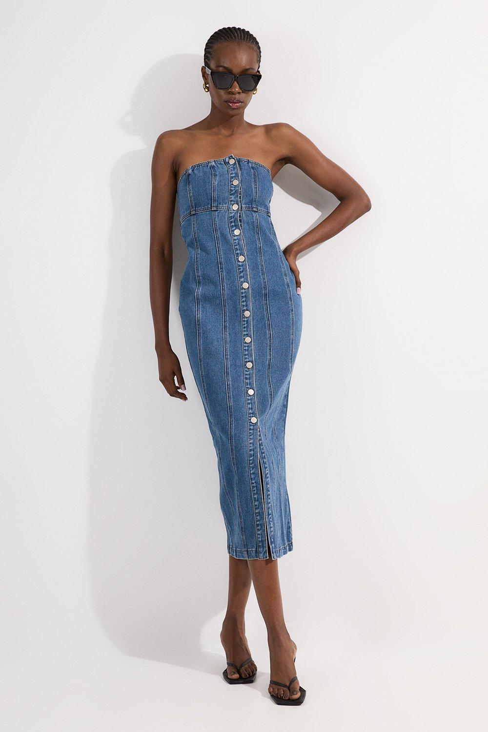 Denim Bandeau Button Midi Dress - Mid Blue
