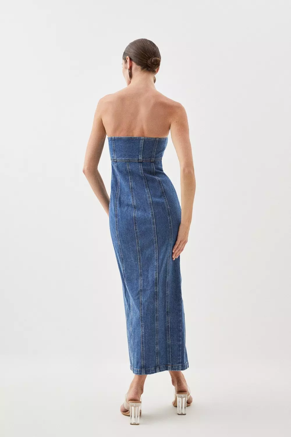 Tailored Denim Bandeau Corset Detail Midaxi Dress