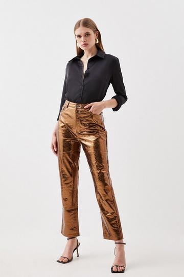 Metallic Faux Leather Tailored Straight Leg Trouser bronze