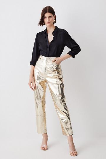 Metallic Faux Leather Tailored Straight Leg Trouser gold