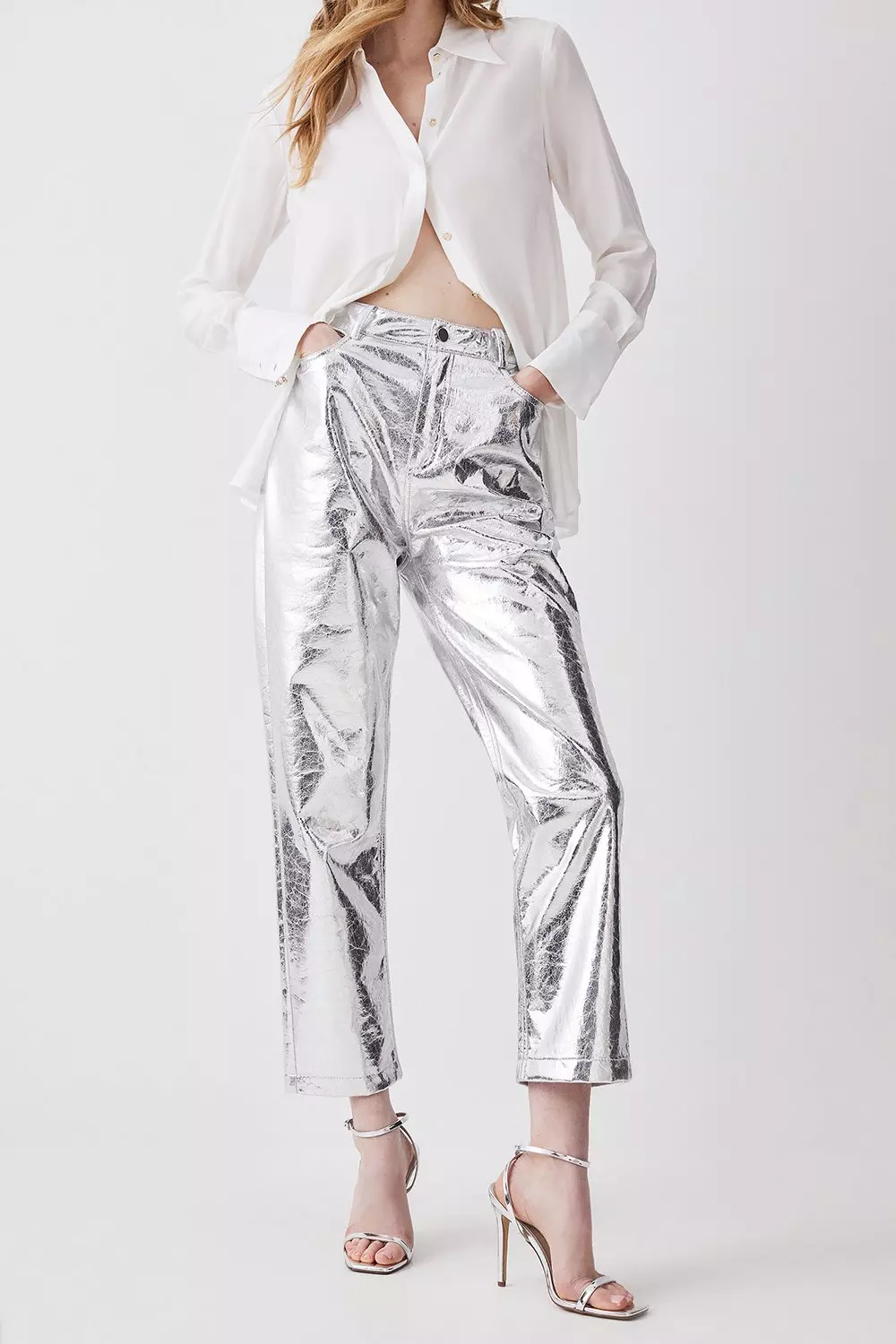 Silver Metallic Faux Leather Straight Leg Pants