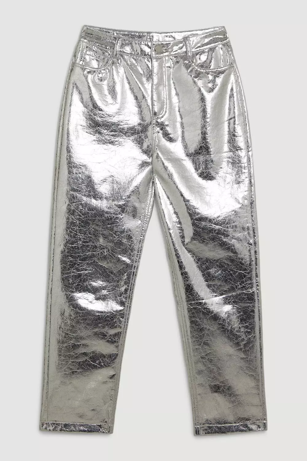 Silver Metallic Faux Leather Straight Leg Pants