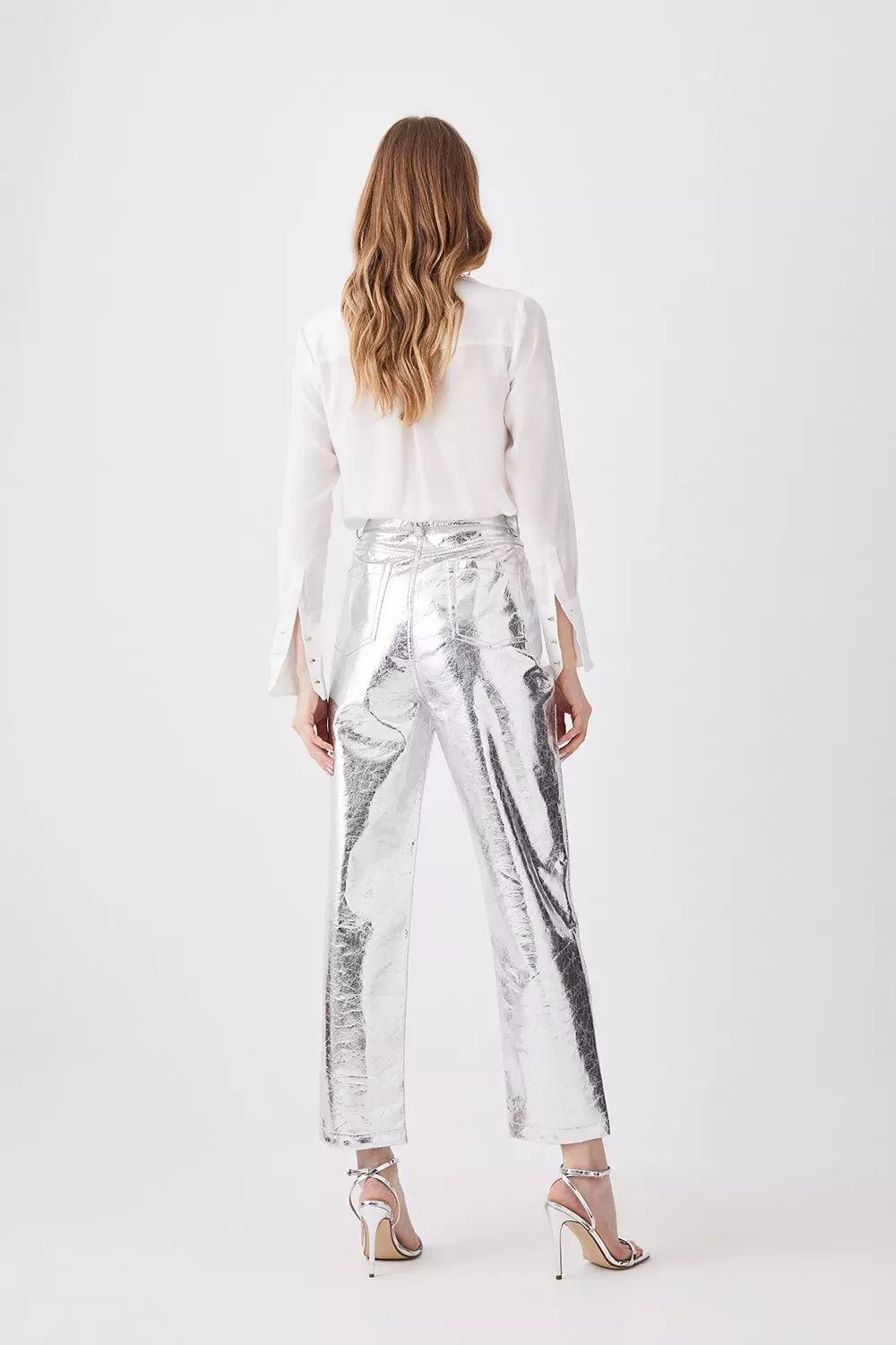 Silver Metallic Faux Leather Straight Leg Pants