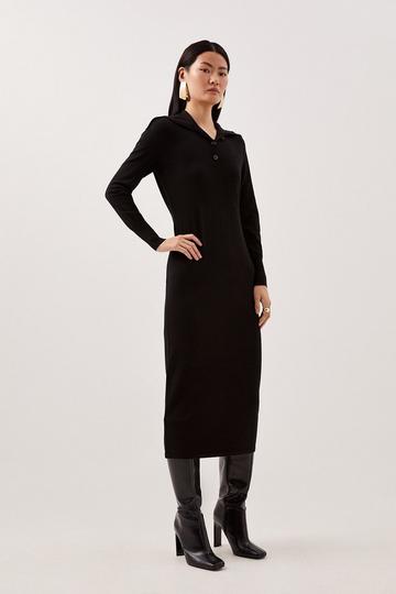 Black Viscose Blend Fly Collar Knitted Midi Dress
