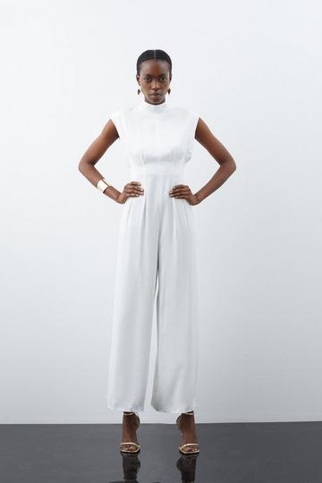 Satin Back Crepe Pintuck Woven Jumpsuit ivory