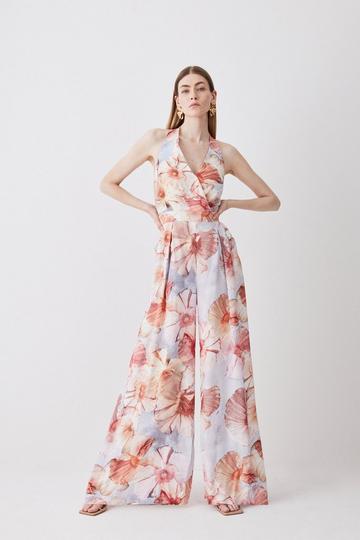 Tall Satin Crepe Etched Floral Woven Wide Leg Jumpsuit floral