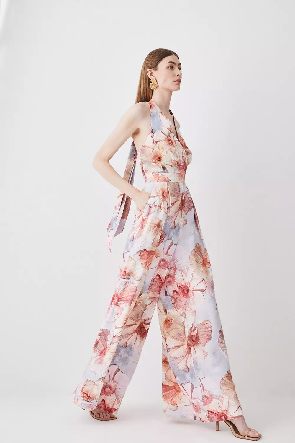 LES RÊVERIES Floral-print silk-satin wide-leg jumpsuit