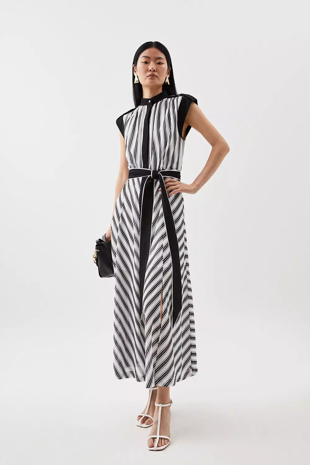 Military Striped Belted Woven Midi Dress | Karen Millen