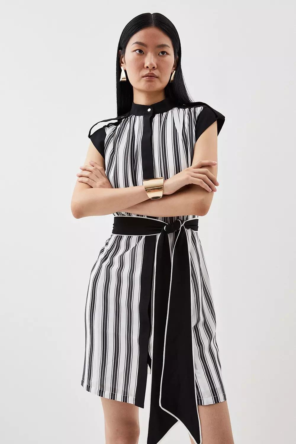 Military Striped Belted Woven Mini Dress | Karen Millen