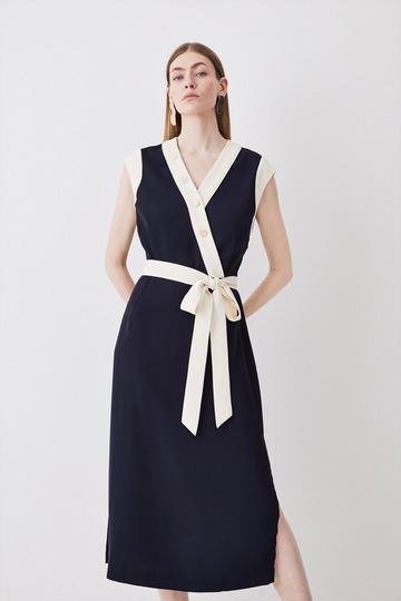 Navy Twill Button Detailed Belted Woven Midi Dress