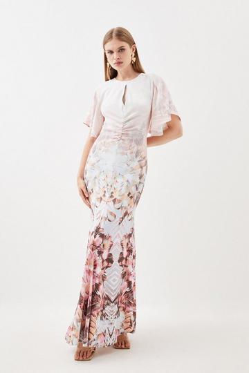 Placed Floral Ruched Angel Sleeved Woven Maxi Dress floral