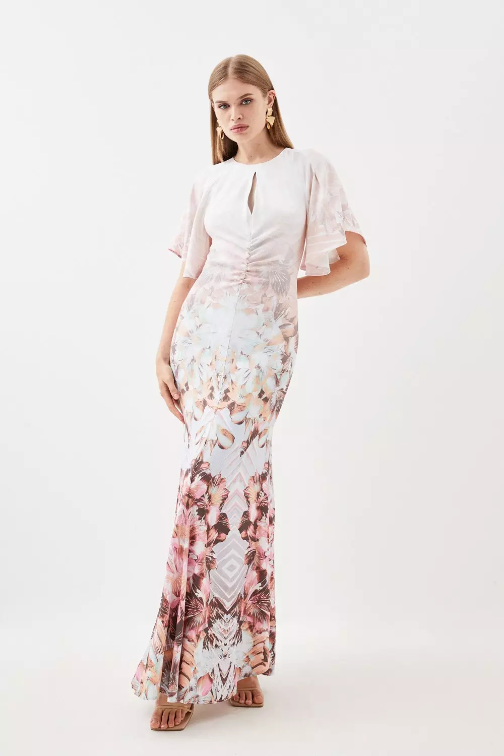 Placed Floral Ruched Angel Sleeved Woven Maxi Dress Karen Millen