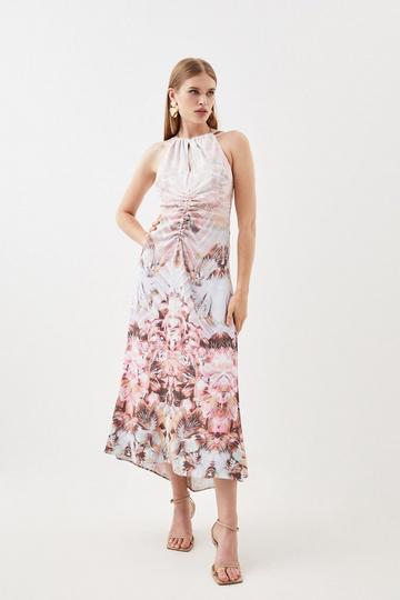 Placed Floral Ruched Waterfall Woven Maxi Dress floral
