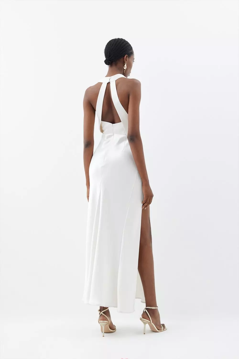 KAREN MILLEN Premium Ruched Halter Strappy Maxi Dress in Ivory