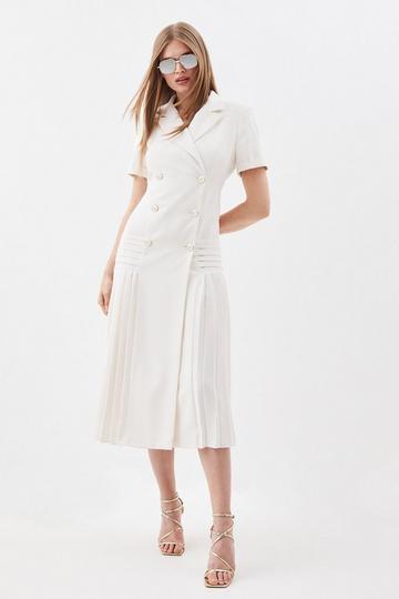 Petite Pleated Button Detailed Woven Midi Dress ivory
