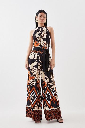 Abstract Floral Border Printed Woven Jumpsuit black