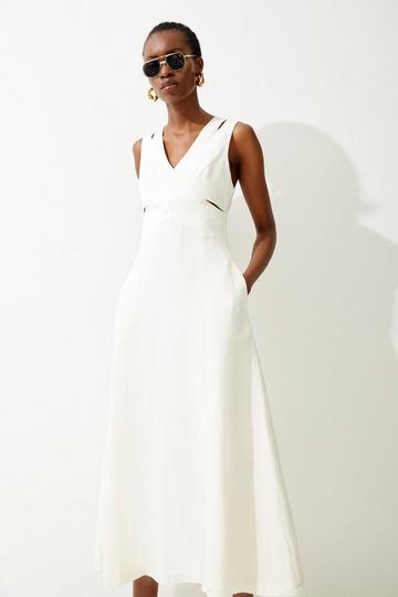 Ivory White Open Back V Neck Woven Midi Dress