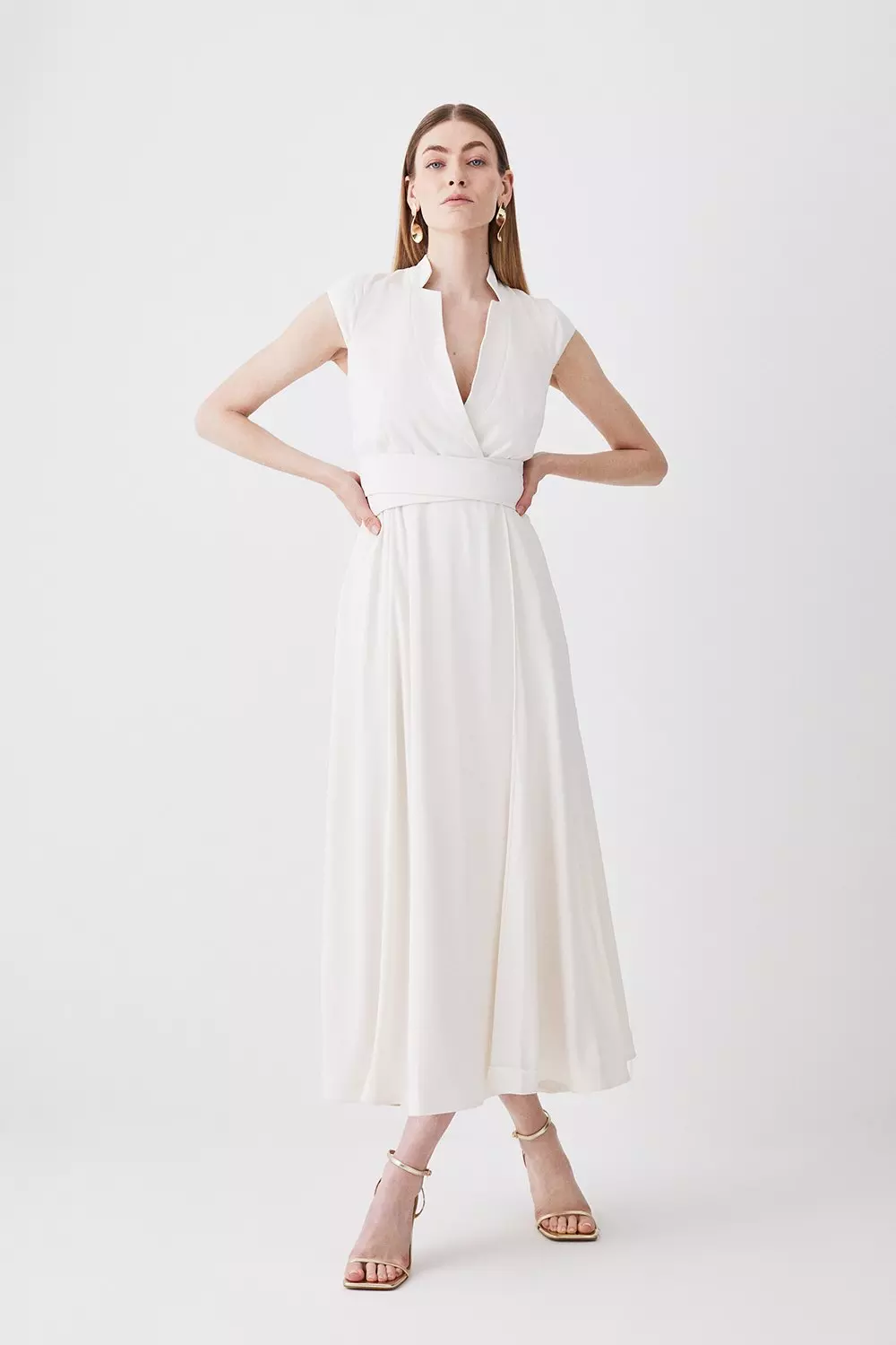 Premium Linen V Neck Wrap Detail Woven Midi Dress