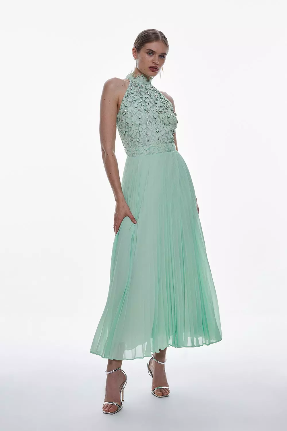 Karen millen green pleated hot sale dress