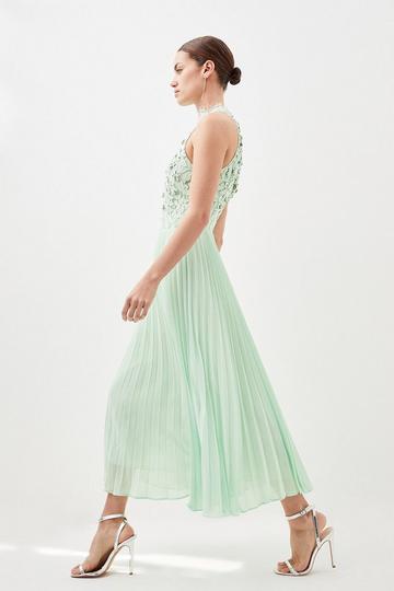 Petite Lace Embellished Halter Pleated Woven Midi Dress sage