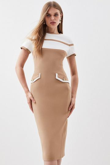 Compact Stretch Belted Nautical Pencil Midi Dress camel