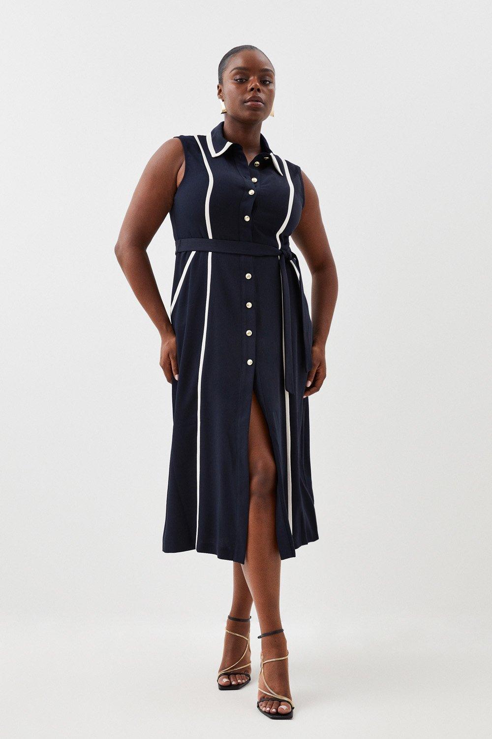 Plus Size Soft Tailored Pipe Detail Sleeveless Shirt Dress | Karen Millen