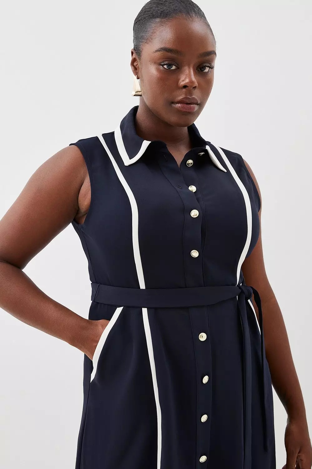 Plus Size Soft Tailored Pipe Detail Sleeveless Shirt Dress Karen