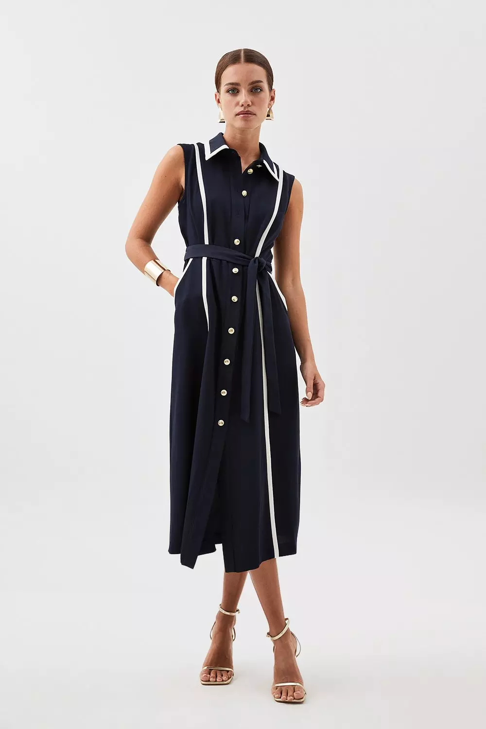 Soft Tailored Pipe Detail Sleeveless Shirt Dress | Karen Millen