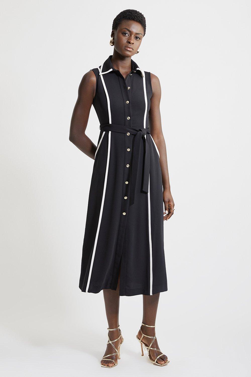 Soft Tailored Pipe Detail Sleeveless Shirt Dress - Black