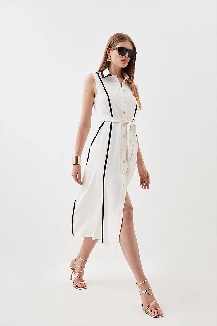 Soft Tailored Pipe Detail Sleeveless Shirt Dress | Karen Millen