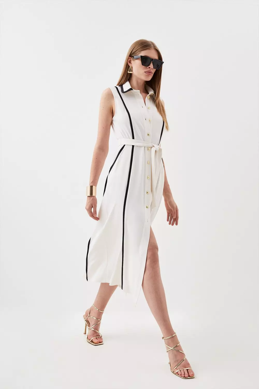 Soft Tailored Pipe Detail Sleeveless Shirt Dress