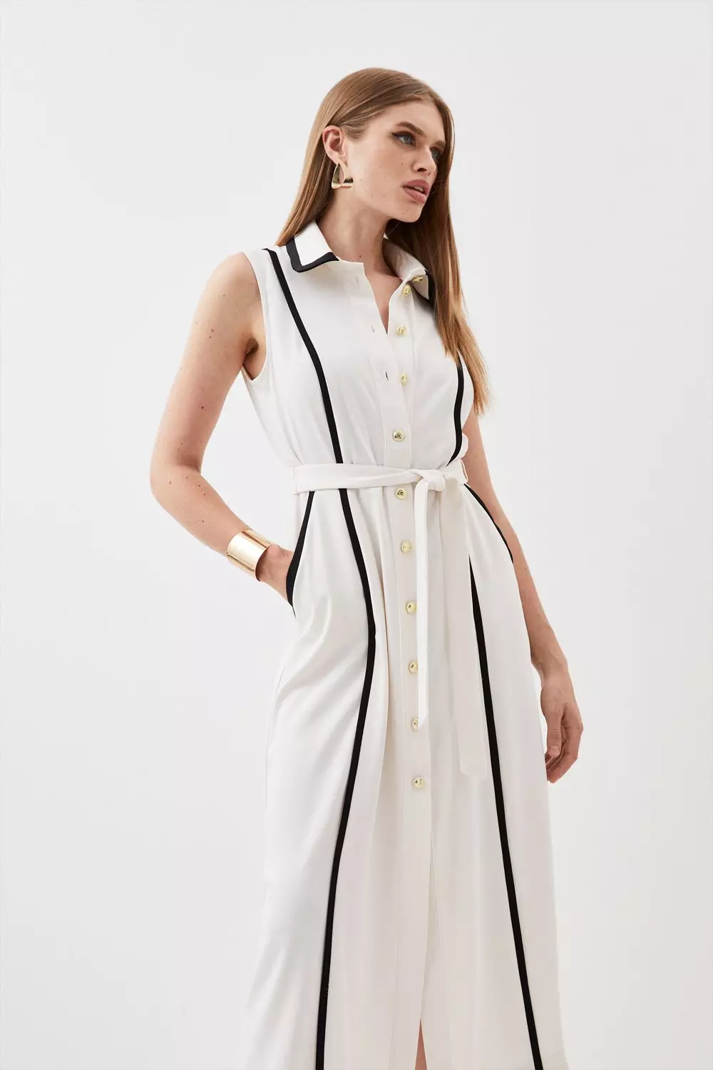 Soft Tailored Pipe Detail Sleeveless Shirt Dress