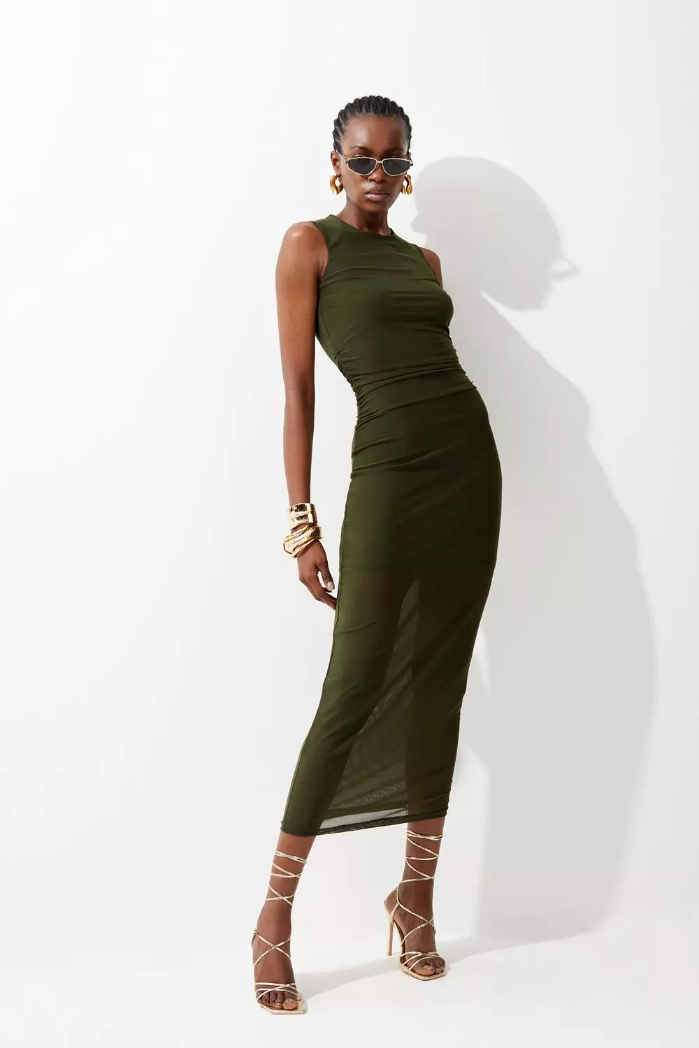 Mesh Ruched Sleeveless Midaxi Dress | Karen Millen