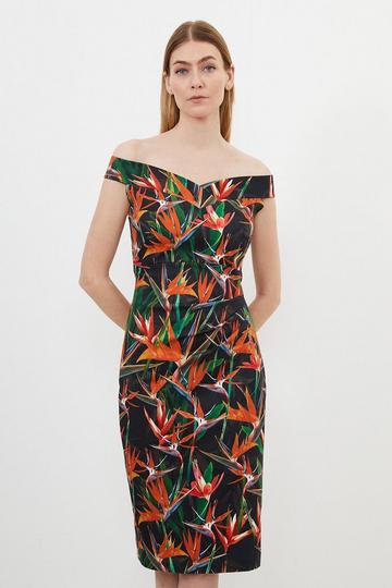 Tailored Tropical Lily Print Cotton Sateen Bardot Midi Dress multi