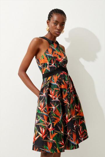 Tropical Lily Print Cotton Sateen Halter Midi Dress multi