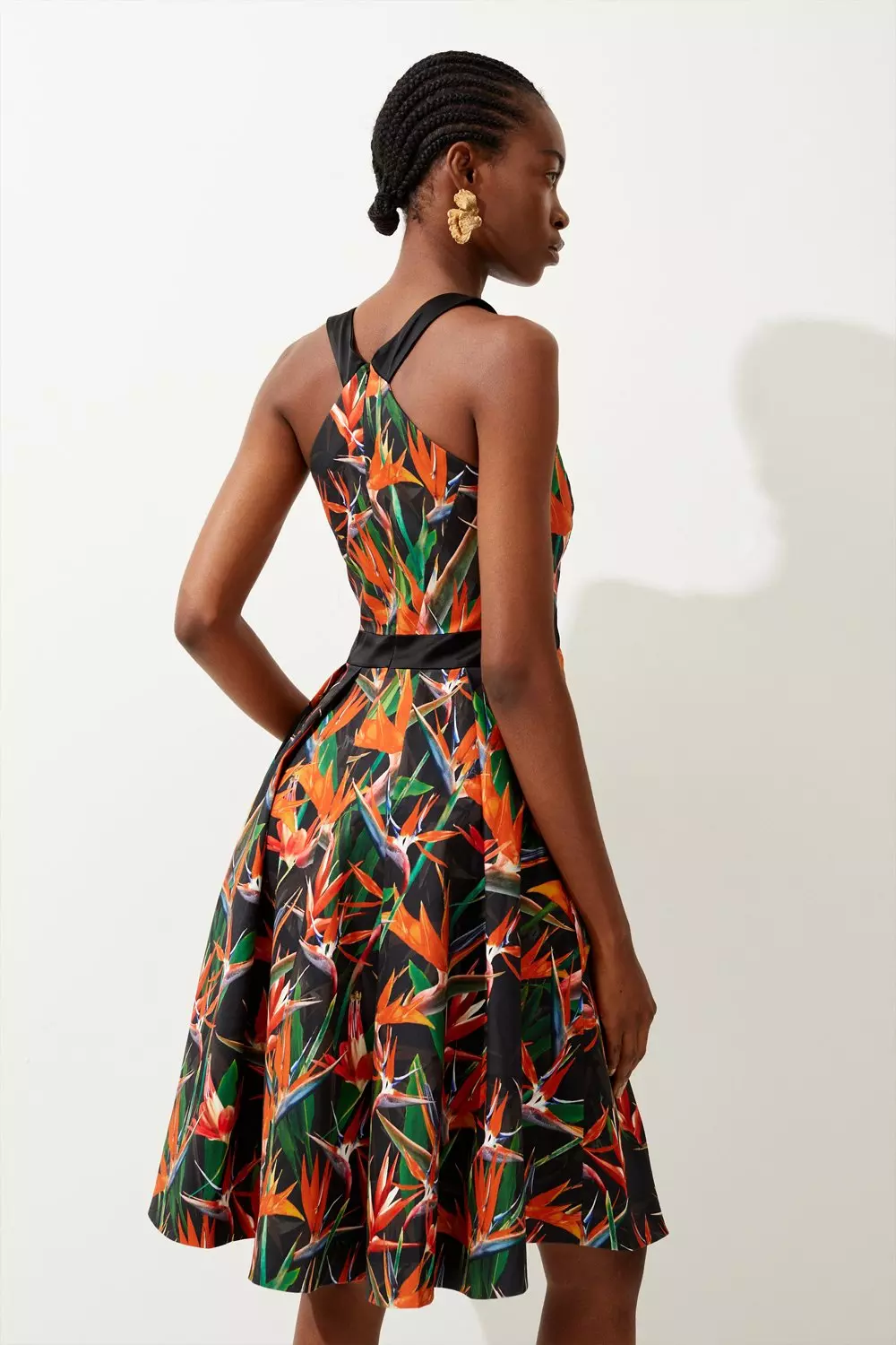 Tropical Lily Print Cotton Sateen Halter Midi Dress Karen Millen