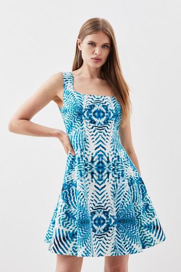 Mirrored Print Cotton Sateen Skater Dress blue