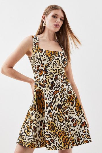 Leopard Print Cotton Sateen Skater Dress animal