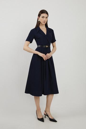 Navy Soft Tailored Belted Midaxi Dress