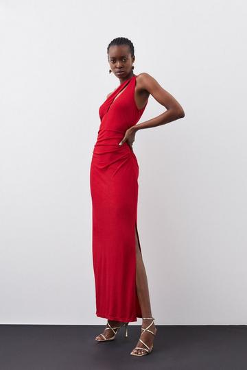 Red Jersey Crepe One Shoulder Midi Dress