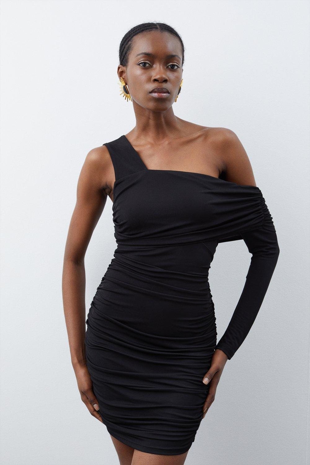 Black ruched hotsell one shoulder dress