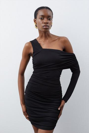 Black Jersey Crepe One Shoulder Mini Dress