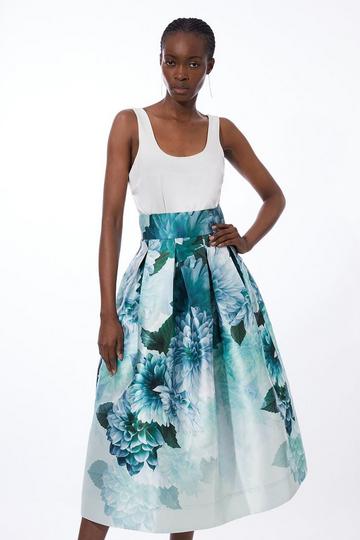 Green Garden Floral Prom Maxi Skirt