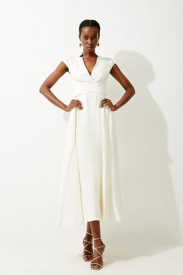 Petite Premium Linen V Neck Wrap Detail Woven Midi Dress ivory