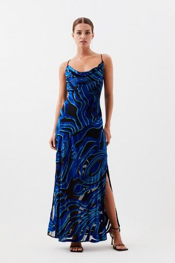 Blue Petite Velvet Devore Strappy Woven Midi Dress