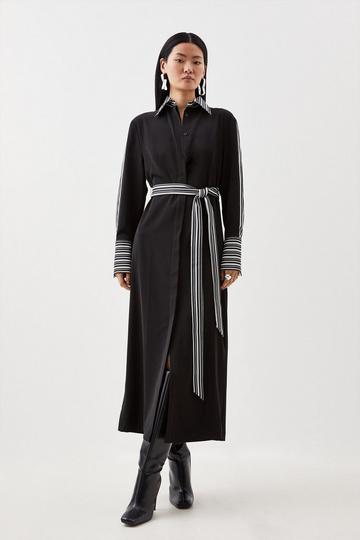 Black Stripe Twill Woven Belted Midi Shirt Dress