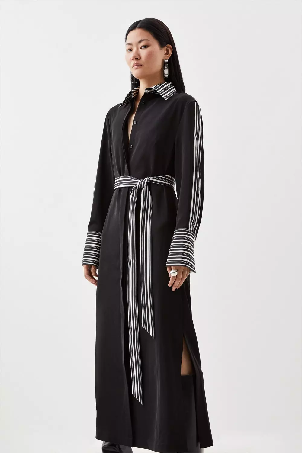 Stripe Twill Woven Belted Midi Shirt Dress | Karen Millen