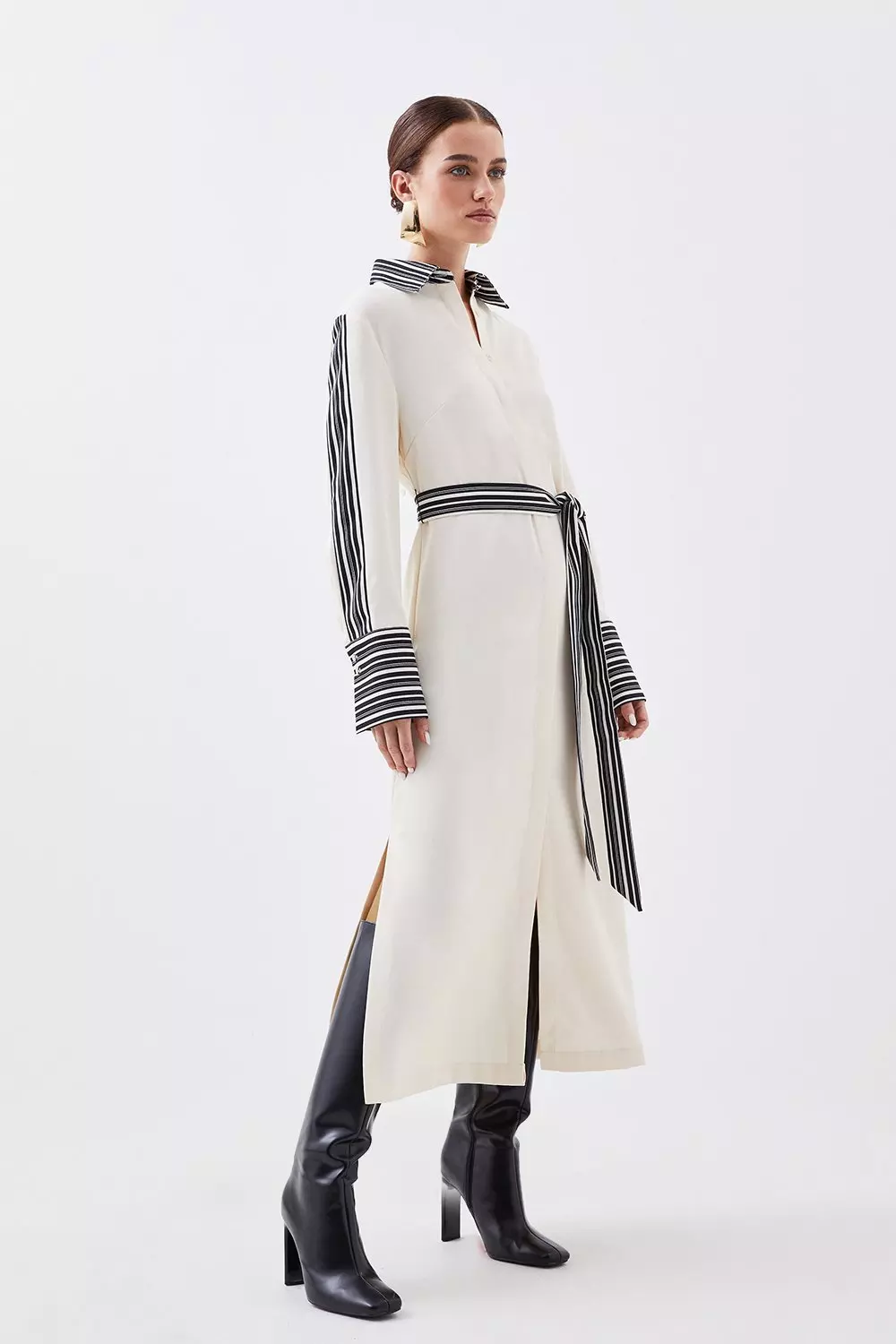 Petite Stripe Twill Belted Woven Midi Shirt Dress