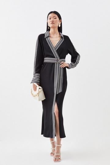 Black Stripe Twill Batwing Belted Woven Midi Dress