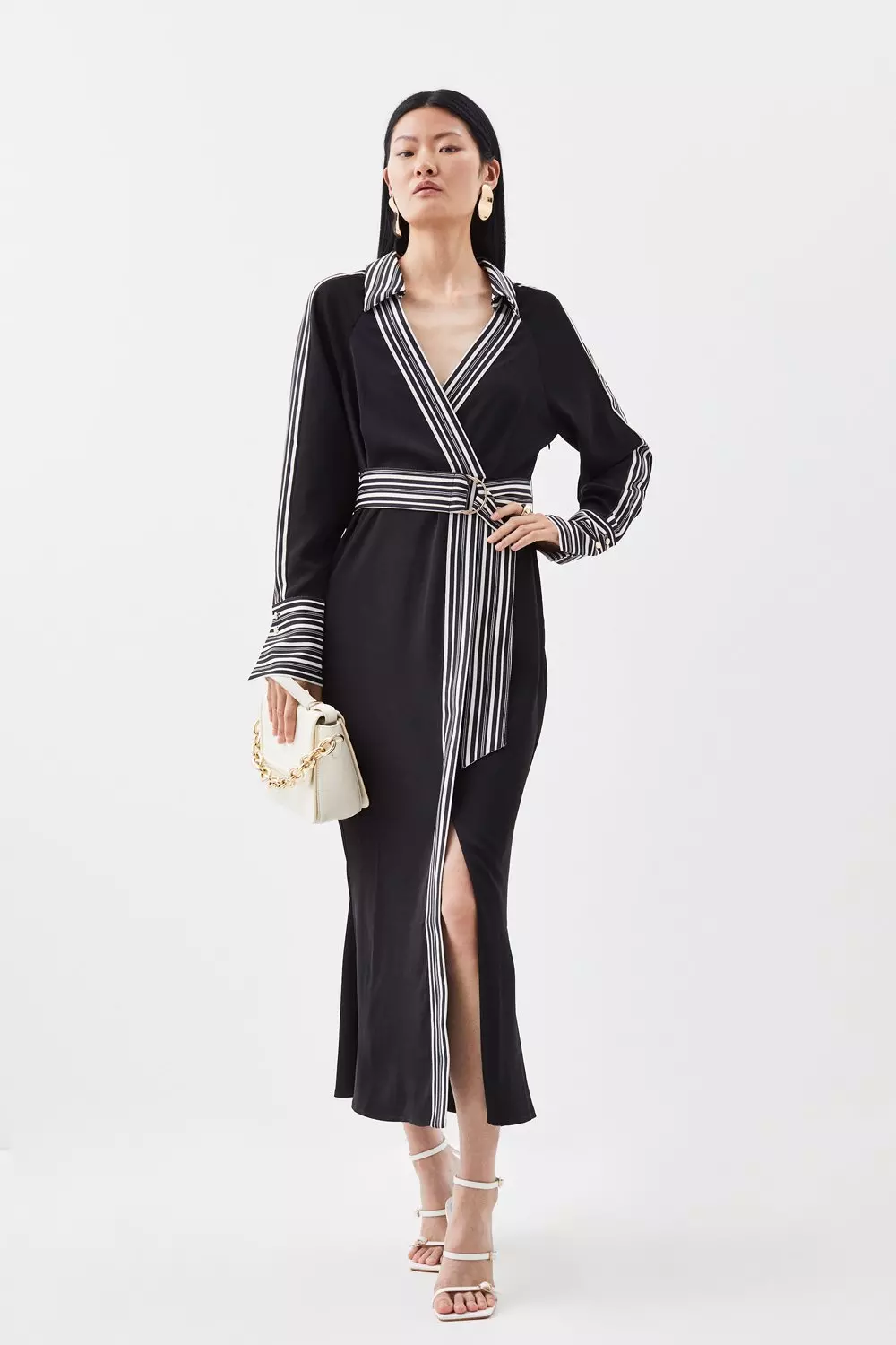 Stripe Twill Batwing Belted Woven Midi Dress Karen Millen